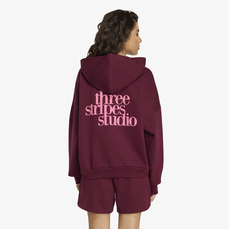 adidas 3 Stripes Studio Hoodie Maroon