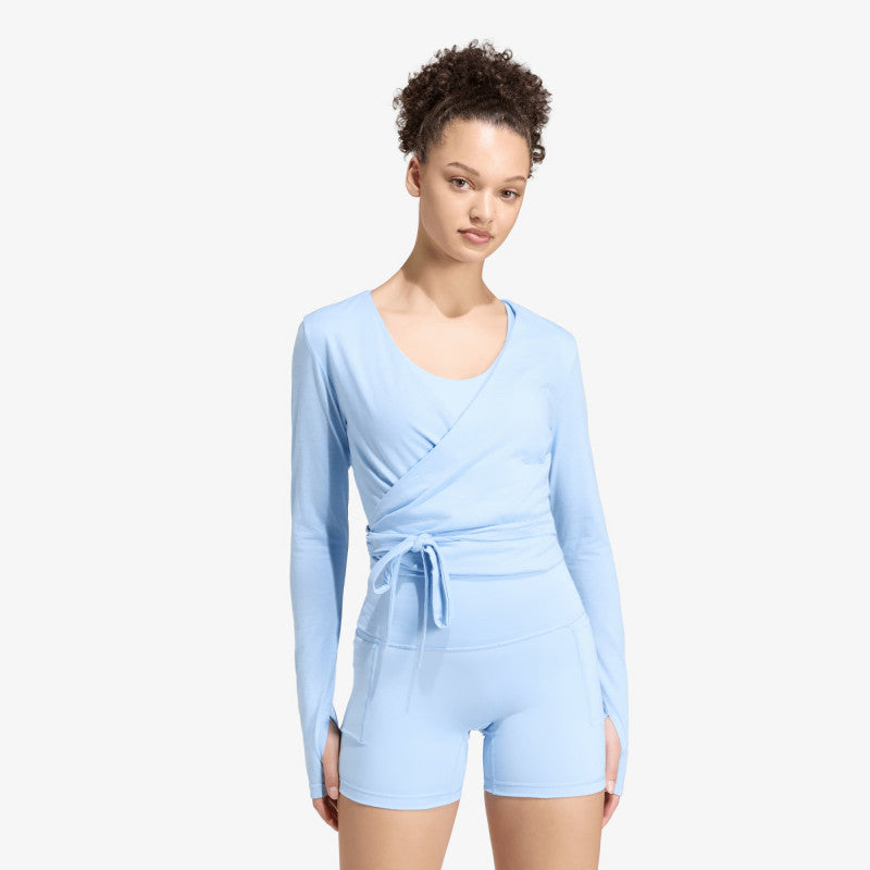 adidas 3 Stripes Studio Soft Ballet Wrap Top Glow Blue/ Earth Strata