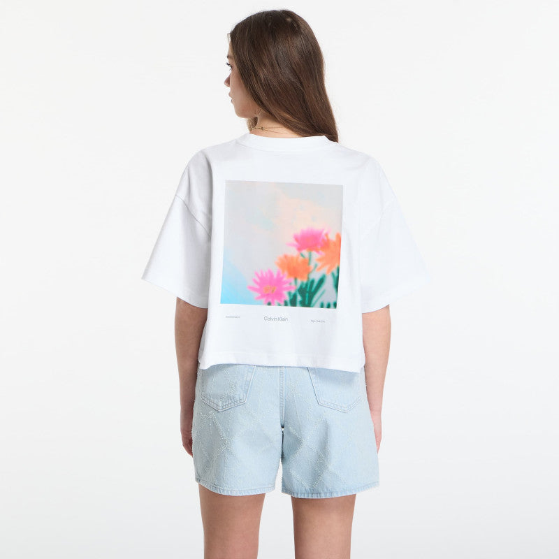 Calvin Klein Jeans Ss Cropped Boxy Satin Floral Tee Bright White