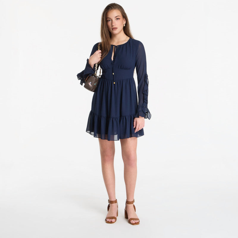 Sukienka Michael Kors Ruffled Georgette Long-Sleeve Dress Midnight Blue