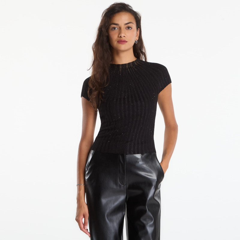 GUESS Ss Sheer Yoke Cn Perilla Ribbed Tee Jet Black/ Multi