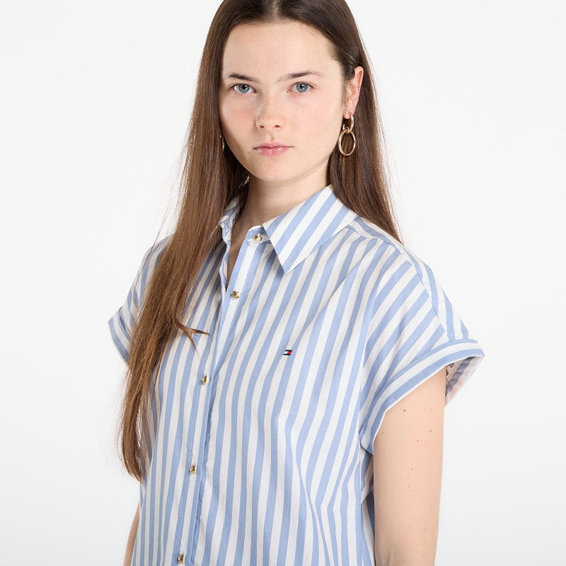 Sukienka Tommy Hilfiger Poplin Pleated Short Ss Dress White Banker Stp Ecru Brisk Blue